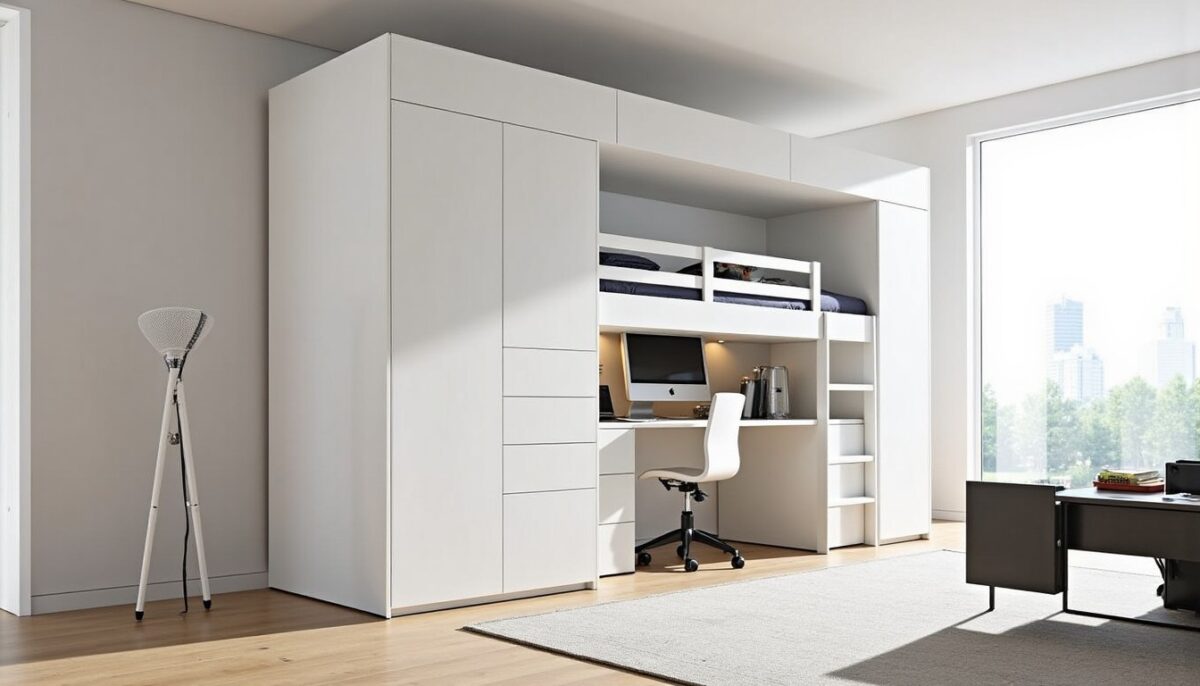 Lit mezzanine blanc avec bureau intégré, espaces de rangement optimisés et éclairage LED moderne